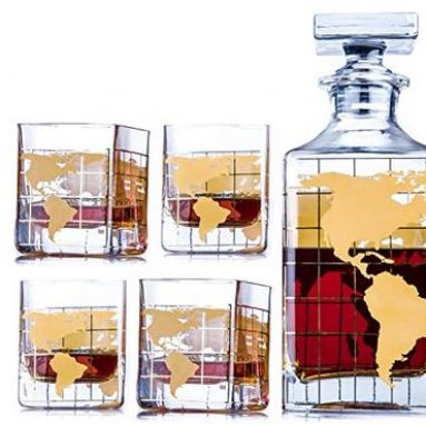 Gold Etched World Map Whiskey Decanter Set