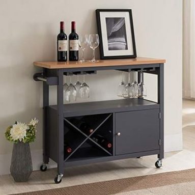 Kings Brand Grey Wood Bar Cart with Wine Rack